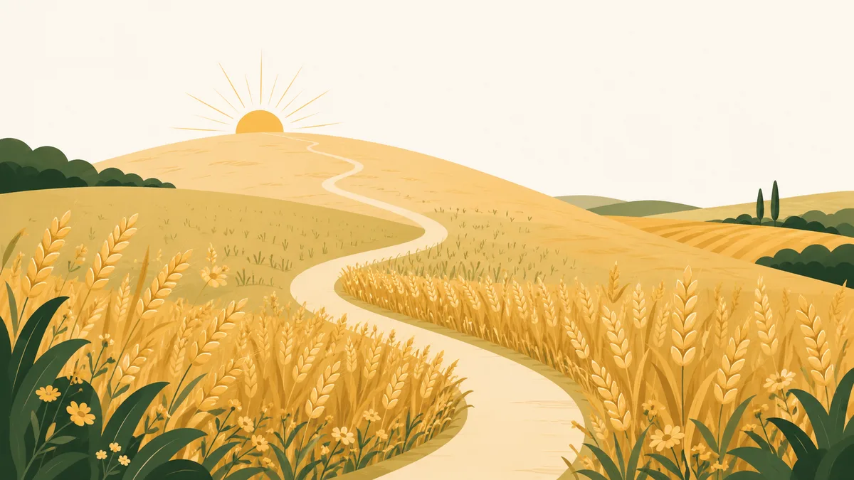 A golden path winding up a sunlit hill of wheat toward the sunrise